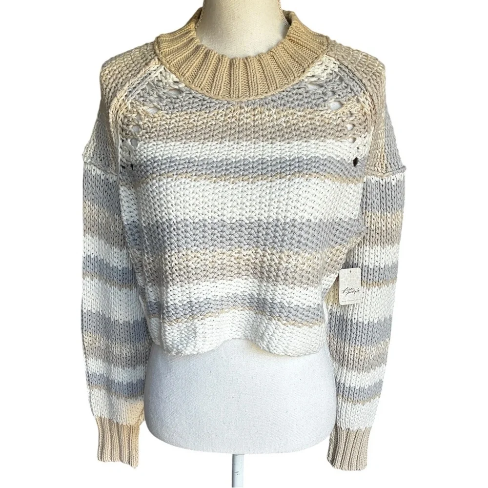 Free People Devon Cropped Sweater Gravity Combo Gray Cream Striped XS